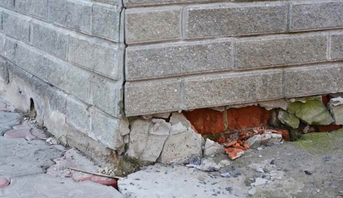 Severe foundation damage showing crumbling concrete and exposed red bricks at the corner of a building