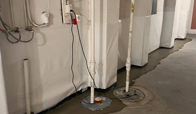 A dual sump pump system installed in a waterproofed basement with vapor barriers