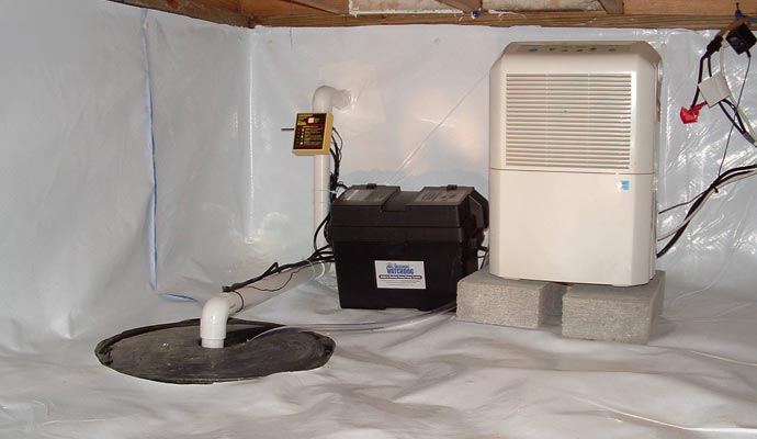 Encapsulated crawl space with sump pump, battery backup, and dehumidifier