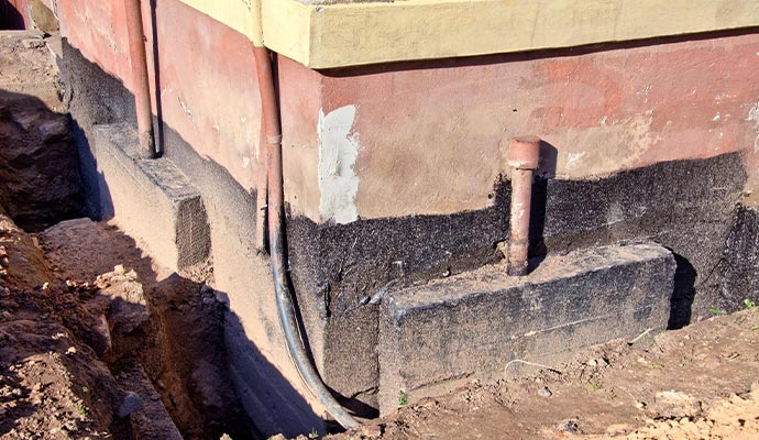 Exterior foundation repair and waterproofing beside a home