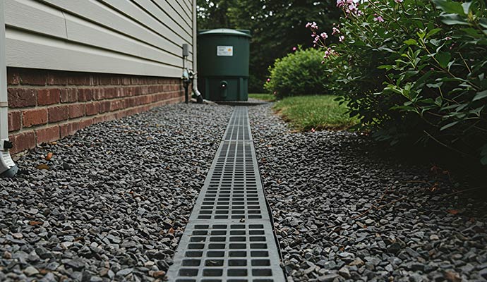 A long metal grate trench drain installed in a gravel border alongside a residential brick and siding exterior for effective water runoff management