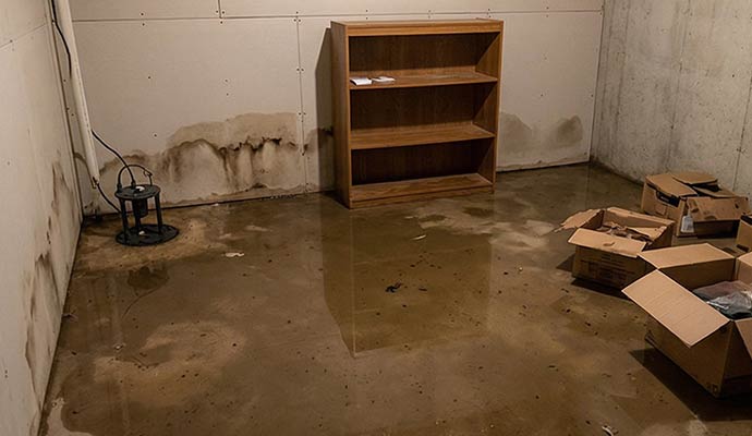 Flooded basement with water damage on walls and standing water on the floor