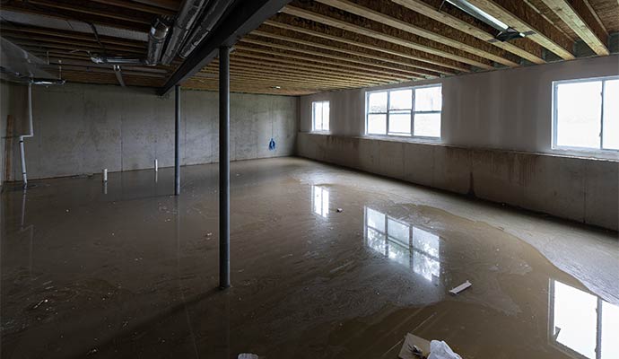 Flooded unfinished basement requiring water restoration