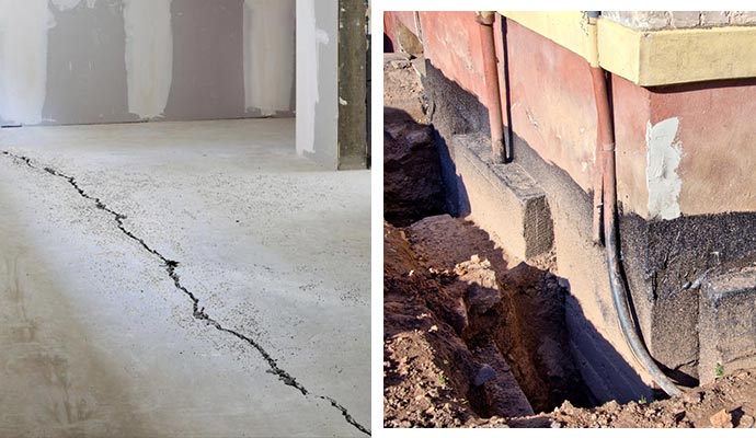 collage of floor crack and foundation settlement