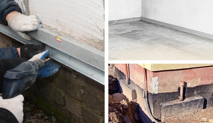 Collage of foundation repair services including wall, floor and stabilization