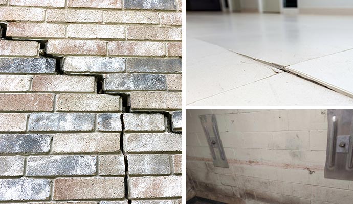 Collage of wall cracks, uneven floors and leaning basement wall
