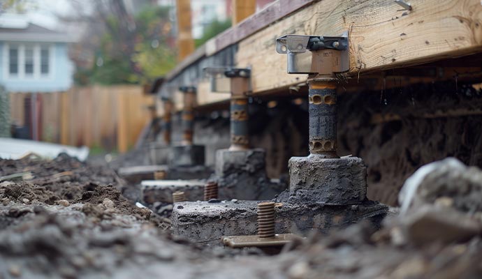 Close-up view of durable foundation piers or adjustable support jacks installed beneath a wooden structure
