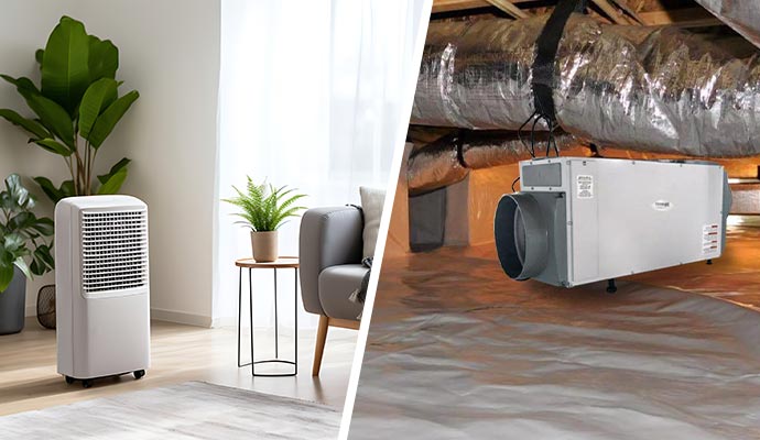 Collage of residential dehumidifier and whole home portable dehumidifier