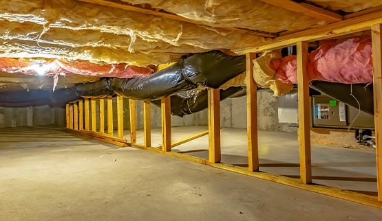 panorama basement or crawl space ventilation and wooden support beams