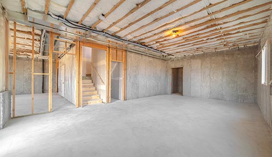 panorama frame interior of new home room under construction basement waterproofing
