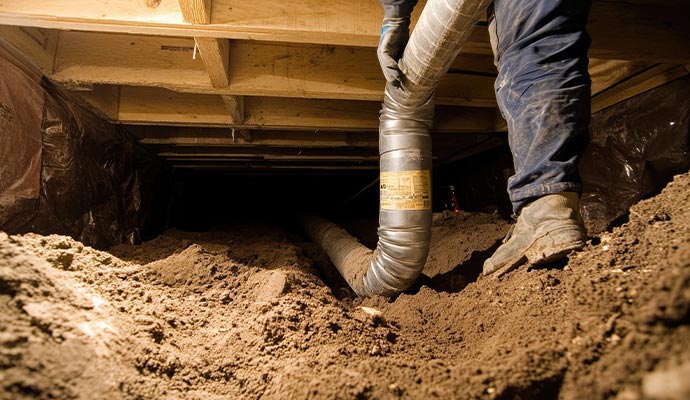 Professional worker repairing crawl space