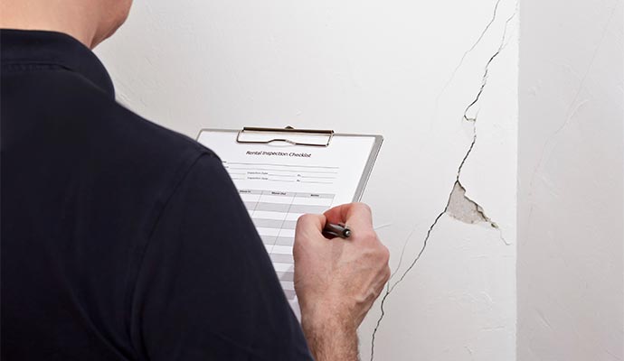 Professional inspecting foundation wall crack