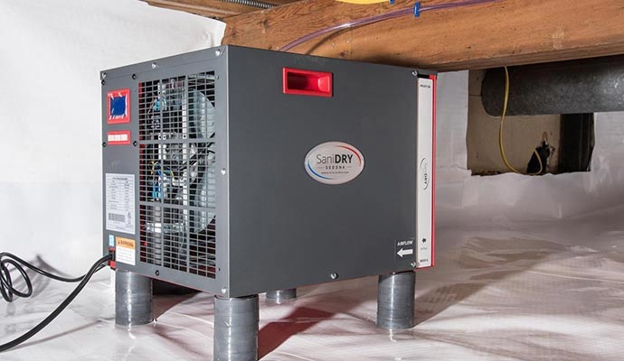 SaniDry dehumidifier inside an encapsulated crawl space
