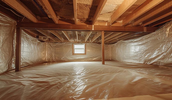 Sealed crawl space with vapor barrier and a small window