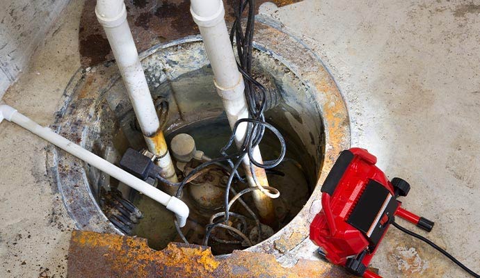 A sump pump basin in a concrete floor being inspected with a red portable work light during a basement maintenance service