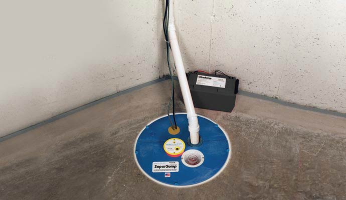 Supersump pump system and battery backup installation