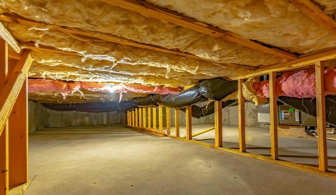 Yellow fiberglass insulation installed between crawl space joists